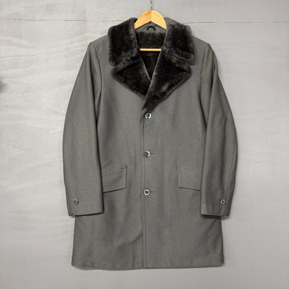 Vintage Travelknit Beautiful Sears Men's Grey Faux Fur Lined Overcoat Size‎ 36 R - Picture 2 of 8
